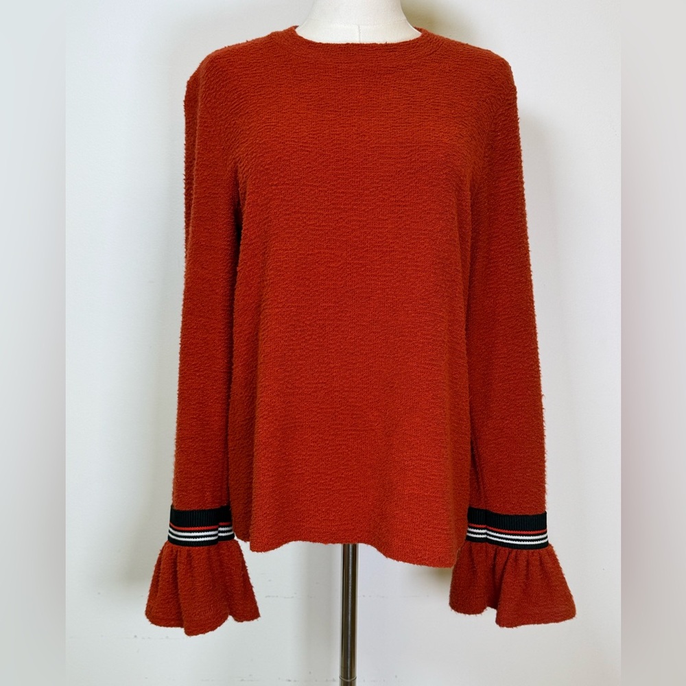 Everly Long Sleeve Rust-Orange Textured Top Striped Ruffle Cuff Women’s Medium